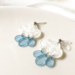 Cloud and Rain Earrings | Cute Weather Jewelry | Clip On or Stud | Gift for Her or Kids | Handmade Dangle
