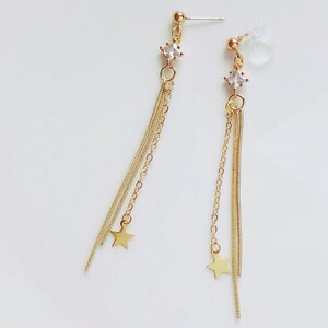 Gold colour tassel dangle and zirconia stud/ clip on Earrings, gift for her image 1