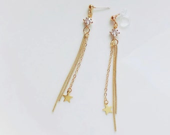 Gold colour tassel dangle and zirconia stud/ clip on Earrings, gift for her