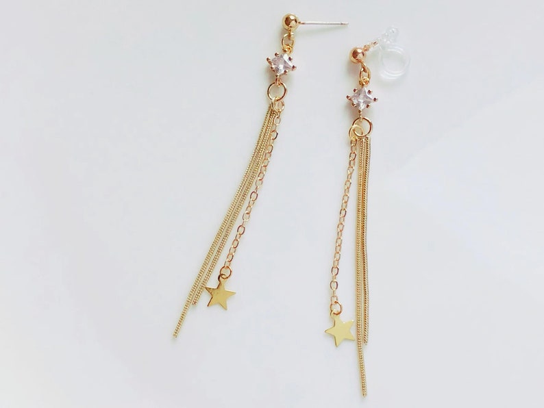 Gold colour tassel dangle and zirconia stud/ clip on Earrings, gift for her image 1