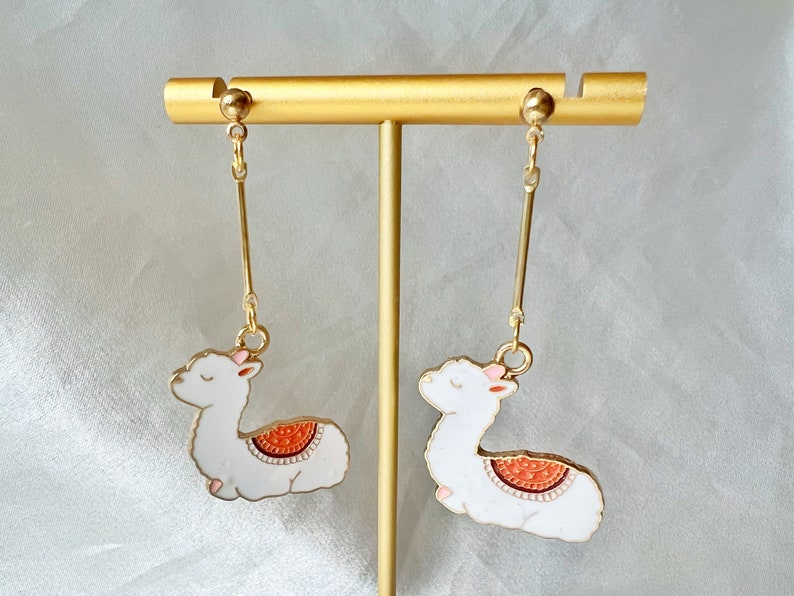 Cute Alpaca earring, animal enamel earring, dangle and drop earrings, gift for her image 3