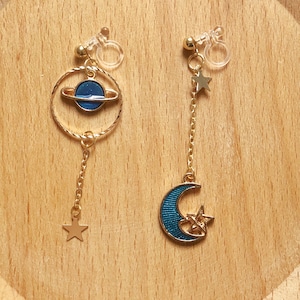 Star Moon Clip on/stud earrings, Saturn Dangle Handmade Earrings