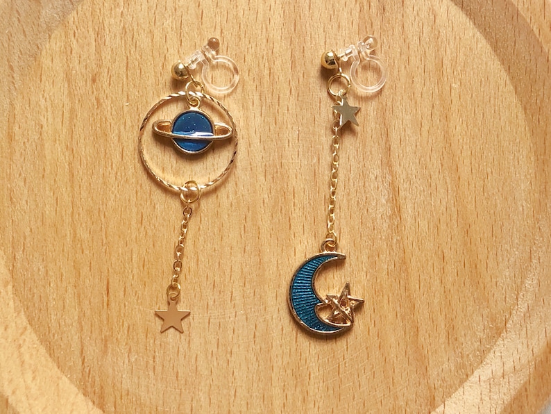 Star Moon Clip on/stud earrings, Saturn Dangle Handmade Earrings image 1