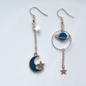 Star Moon Clip on/stud earrings, Saturn Dangle Handmade Earrings image 6