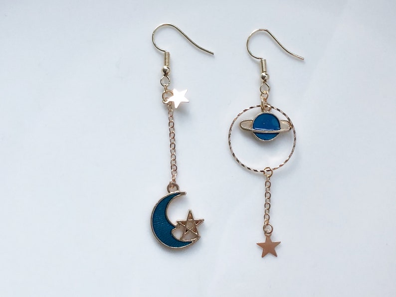 Star Moon Clip on/stud earrings, Saturn Dangle Handmade Earrings image 6
