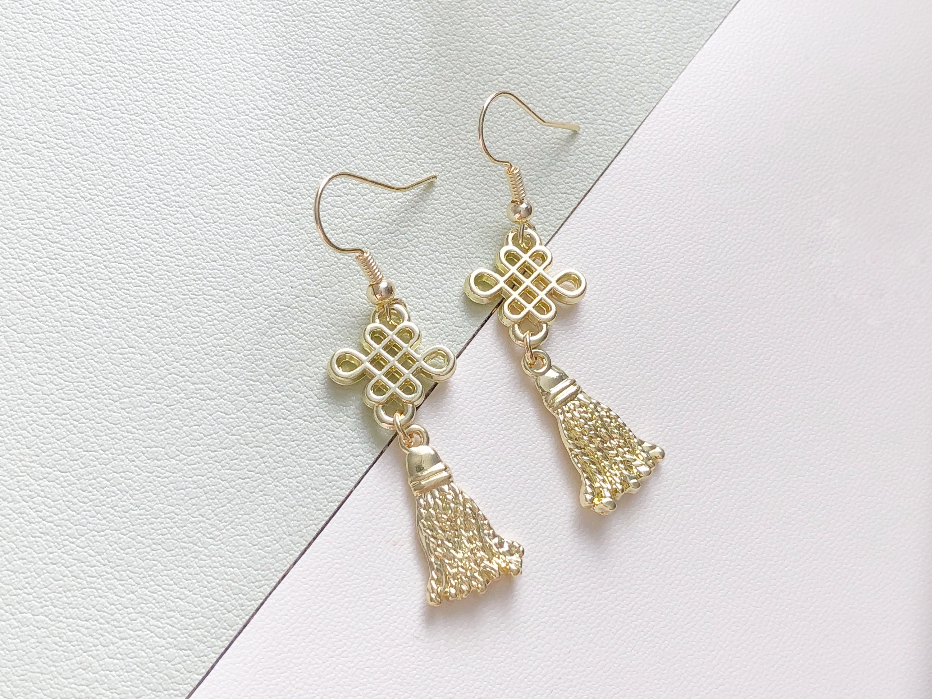 Traditional Chinese Knot Earrings in Gold or Red | Ear Wire