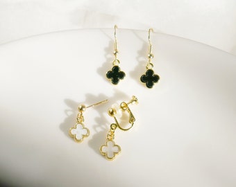 Weiße und schwarze vierblättrige Kleeblatt-Ohrringe, Tropfen-Ohrringe, Geschenk für Sie