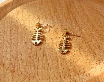 Gold Fishbone Dangle stud/ clip on Earrings, Handmade earrings