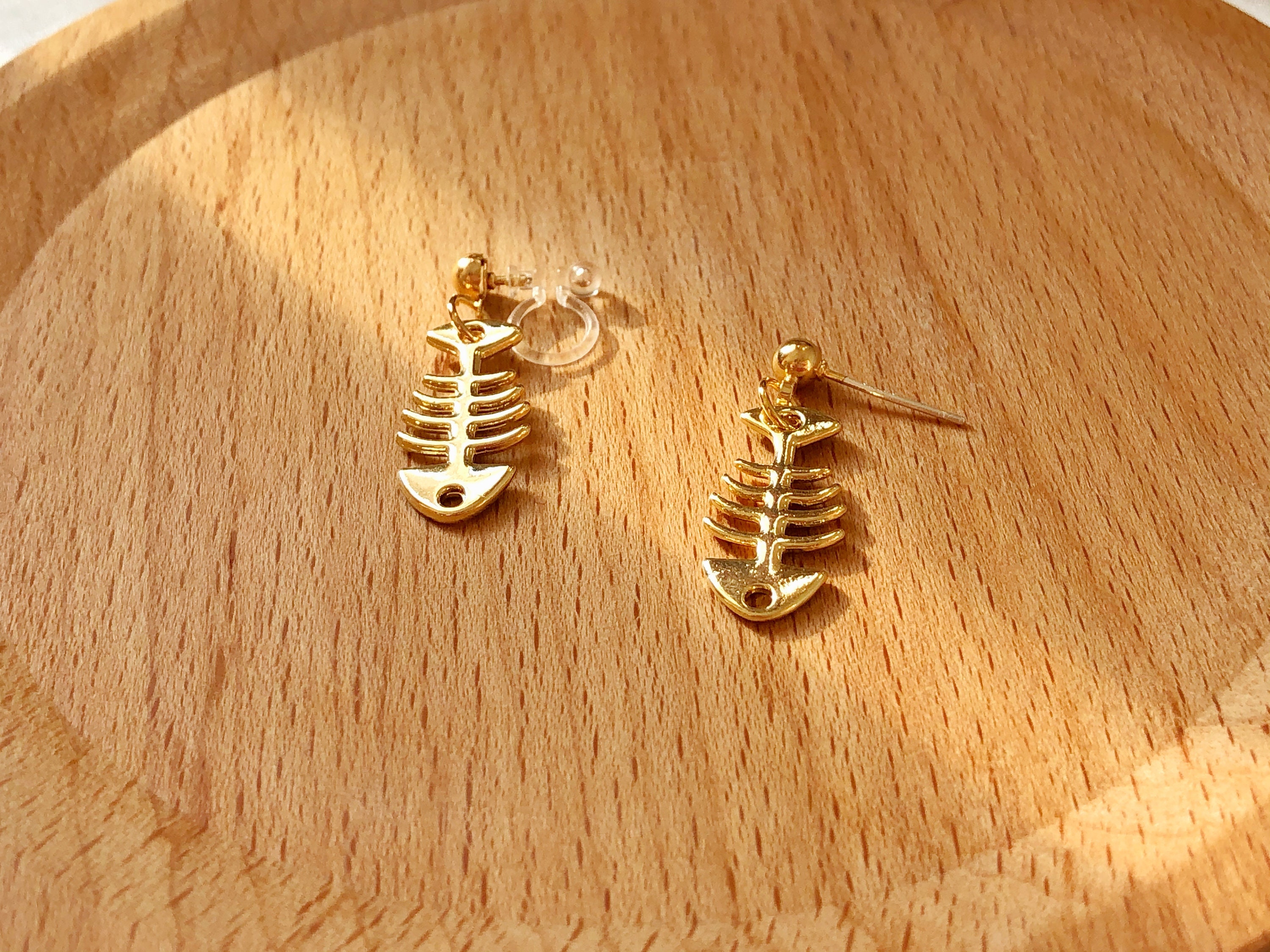 Gold Fishbone Dangle stud/ clip on Earrings, Handmade earrings