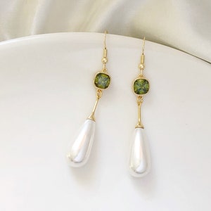 Dainty Oliver green and  faux teardrop pearl Dangle Earrings, Gift for her