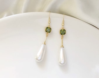 Dainty Oliver green and  faux teardrop pearl Dangle Earrings, Gift for her