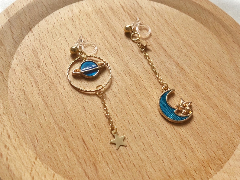 Star Moon Clip on/stud earrings, Saturn Dangle Handmade Earrings image 2