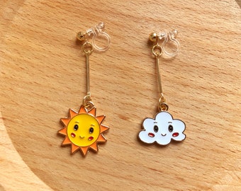 Cute sun and cloud enamel earrings, weather smiling face Stud/Clip on earring, statement dangle earrings, gift for her