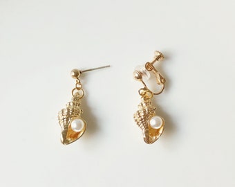 Little Conch and faux pearl earrings, Cute handmade gift for her