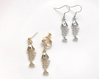 Gold Silver colour Fishbone Dangle stud/ clip on Earrings, Handmade earrings