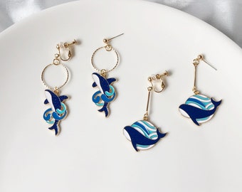 Blue Whales  Enamel Clip on/stud earring, animal enamel earring, dangle and drop long dangle earrings