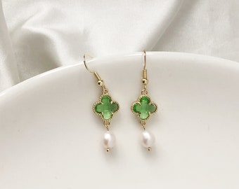 Dainty Green Glass Clover and Freshwater Pearl Drop Earrings for Luck