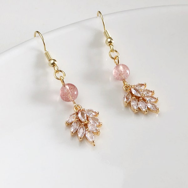 Elegant Pink Quartz and Cubic Zirconia Dangle Earrings - Gold-Toned, Handcrafted, Feminine Jewellery, gift for her