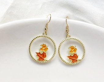 Yellow Maple stud/ clip on Earrings,  Autumn plant leaves dangle pendant, Gift for her