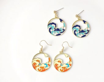 Cute sea wave earrings,Japanese Blue Wave enamel Earrings, gift for her