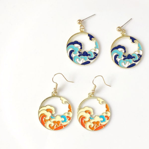 Cute sea wave earrings,Japanese Blue Wave enamel Earrings, gift for her