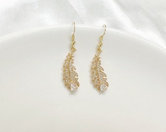 Gold colour Delicate Feather enamel Earrings, Cute dangle earrings, gift for her