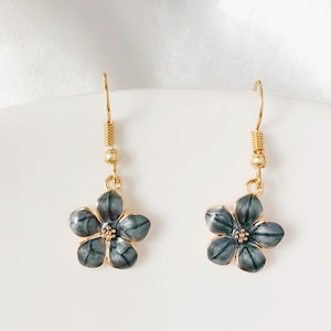 Sakura flower enamel earrings, oriental cherry Stud/Clip on earring, Dangle and drop earrings, spring gift for her Black