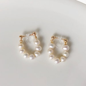 Dangle white wreath freshwater pearl drop Clip on Earrings, Gift for her