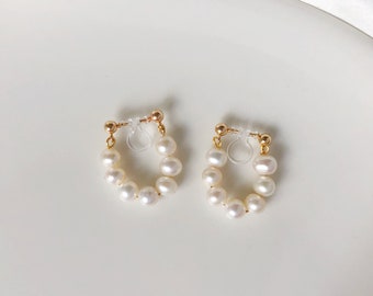 Dangle white wreath freshwater pearl drop Clip on Earrings, Gift for her