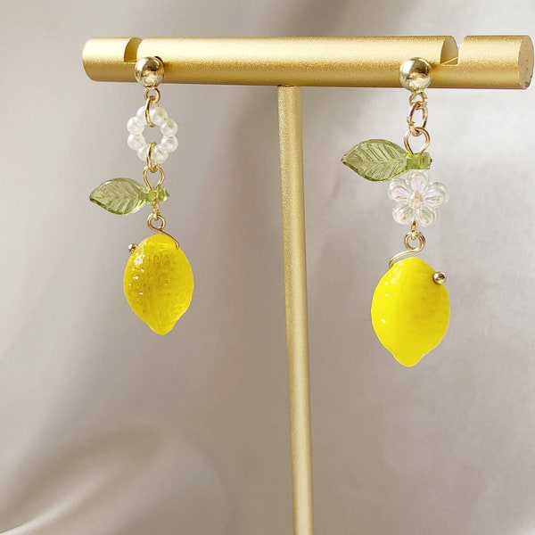 Mismatched Cute Lemon earrings, clip-on/stud Fruit and leaves earrings, Special gift for her