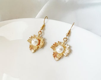 Gold leaves and faux pearl Earrings, Dainty dangle pendant, Gift for her