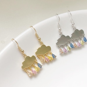 Raindrop Cloud Earrings: Pastel Crystal Drop Jewellery with Clip On, Stud or Hook Options