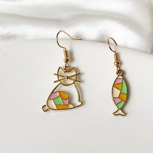 Cute cat and fish Stud / Clip on earrings, kitty earrings, Cute handmade gift for her