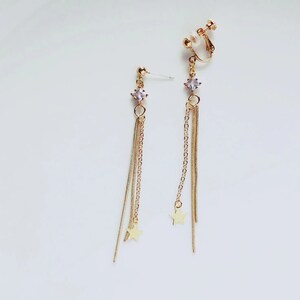 Gold colour tassel dangle and zirconia stud/ clip on Earrings, gift for her image 4