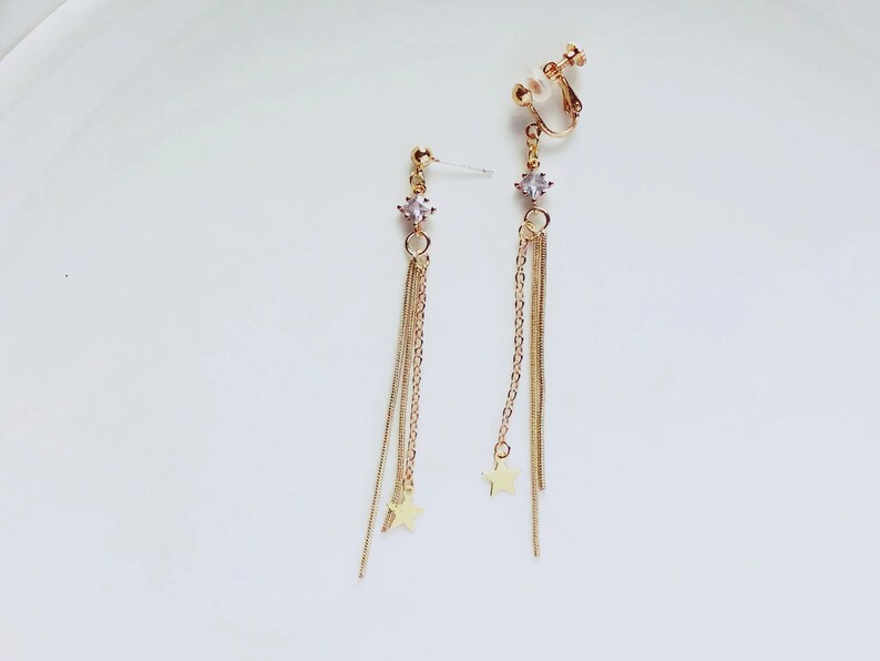 Gold colour tassel dangle and zirconia stud/ clip on Earrings, gift for her image 4