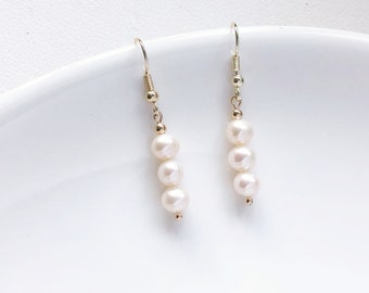 Triple white freshwater pearl drop Stud / Clip on Earrings, Geometric pendant, Gift for her