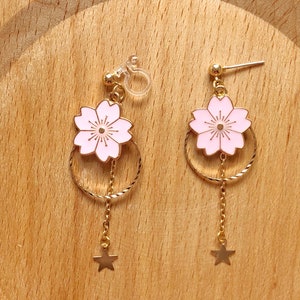 Sakura enamel earrings, oriental cherry Stud/Clip on earring, Dangle and drop earrings, spring gift for her Pink