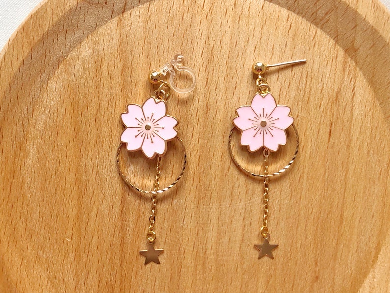 Sakura enamel earrings, oriental cherry Stud/Clip on earring, Dangle and drop earrings, spring gift for her Pink
