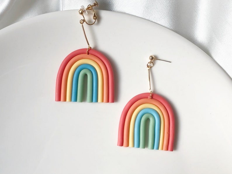 Cute big Rainbow Stud/Clip on earrings, gift for her zdjęcie 1