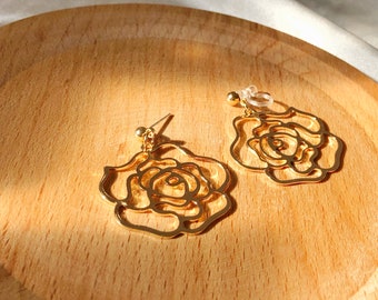 Gold Hollow out Rose stud/ clip on Earrings, Hollow Flower Statement Drop Charm Pendants