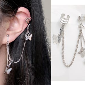 Butterfly Chain Earring Silver Clip On or Stud with Ear Cuff Non Pierced Helix to Lobe Statement Jewellery