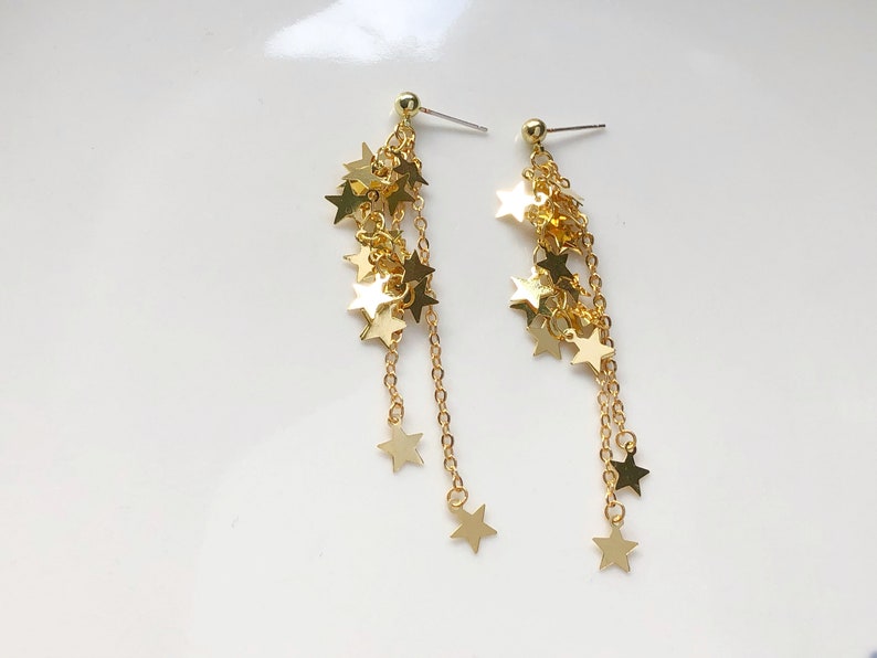Vintage style gold star Earrings, delicate Clip on dangle pendant, Gift for her image 7