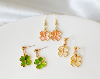 Clover Earrings, Lucky Four Leaf Clover Dangles, Flower Petal Jewellery, Invisible Clip on Earrings, Good Luck Gift for Her