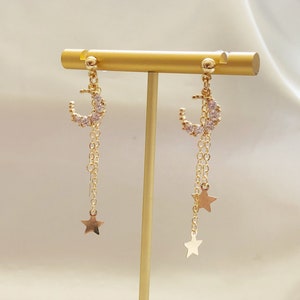 Chic Moon and star tassel stud/ clip on Earrings, gift for her