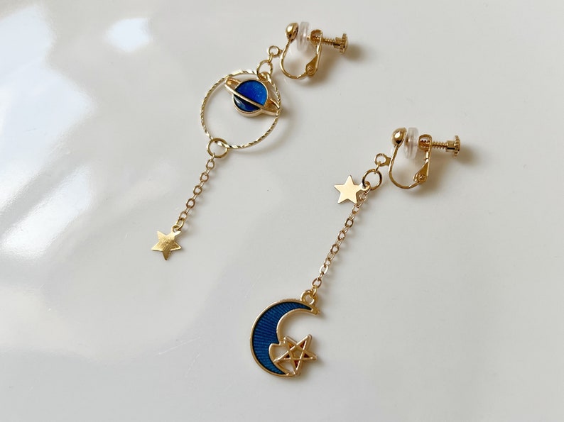 Star Moon Clip on/stud earrings, Saturn Dangle Handmade Earrings image 4