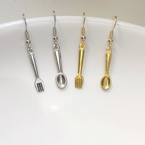 Cute Fork and Spoon Cutlery Clip-on/ stud dangle drop earrings, Novelty jewellery, Funny Cute pendant