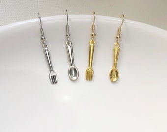 Quirky Fork and Spoon Earrings, Silver & Gold Cutlery Dangles, Fun Kitchen Jewellery, Chef Appreciation Gift