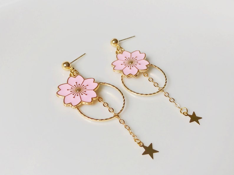 Sakura enamel earrings, oriental cherry Stud/Clip on earring, Dangle and drop earrings, spring gift for her image 3