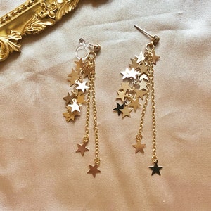 Vintage style gold star Earrings, delicate Clip on dangle pendant, Gift for her image 5