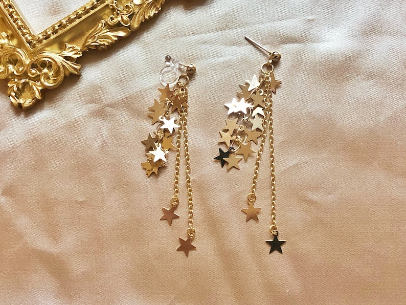 Vintage style gold star Earrings, delicate Clip on dangle pendant, Gift for her image 5